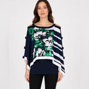 Joseph Ribkoff Navy, White & Green layered Floral Top